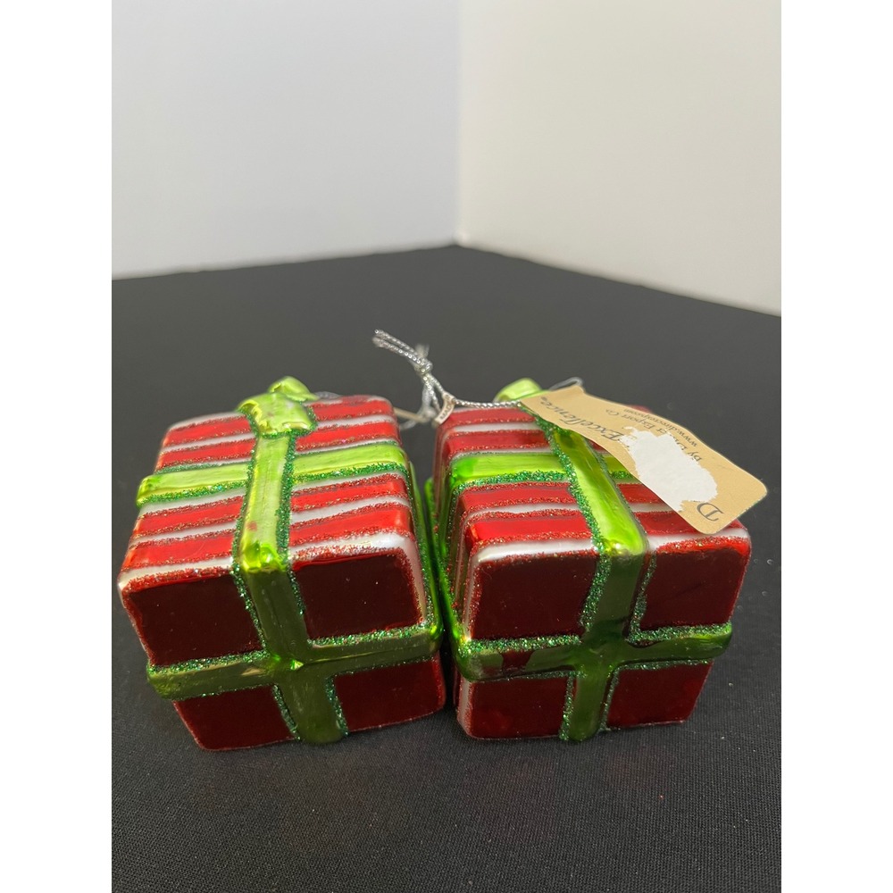 Direct Export Co Glass Gift Box Christmas Ornaments Red Green Striped Set of 2 - Picture 5 of 8